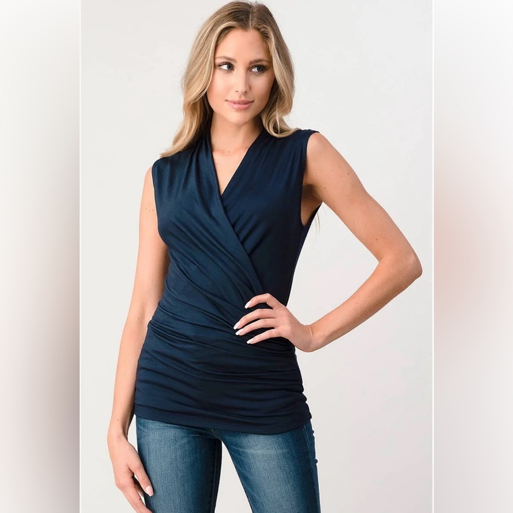 Heimious Surplice Made In the USA, Sleeveless Drape Wrap Blouse, Navy, Size L